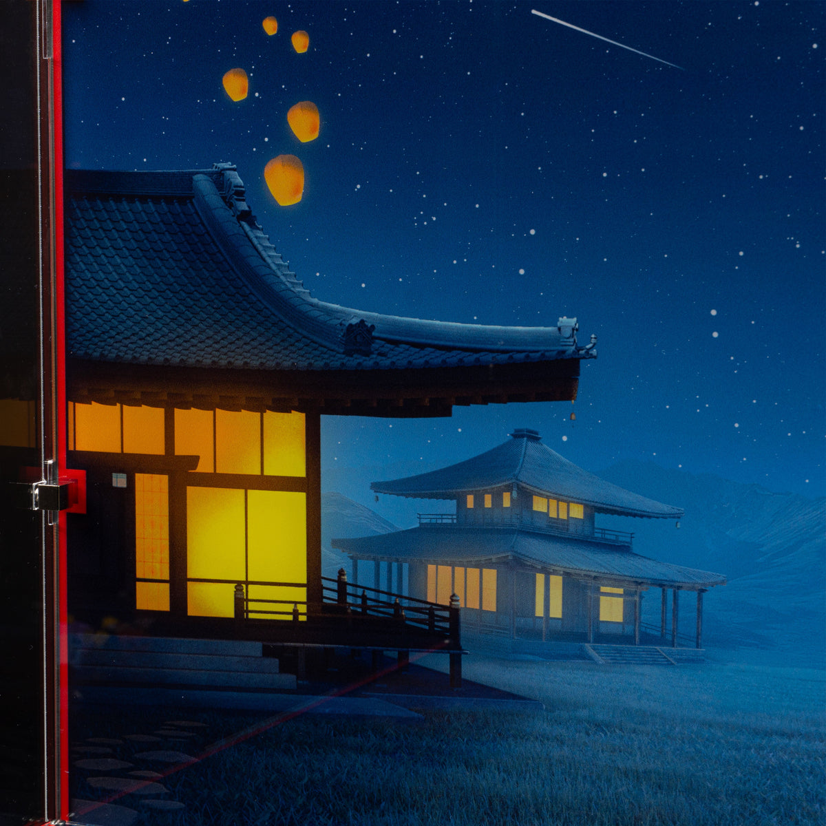 Lanterns, tiled roofs and blue night-sky artwork on the Ancient Moon-Gazing Inn 80121 case backdrop.