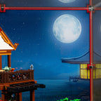 Moon and night-sky backdrop behind the inn balcony in the LEGO 80121 display case.