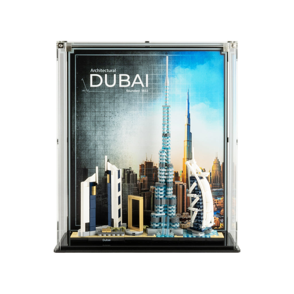 LEGO Dubai Skyline 21052: complete skyline inside the case with a city backdrop.