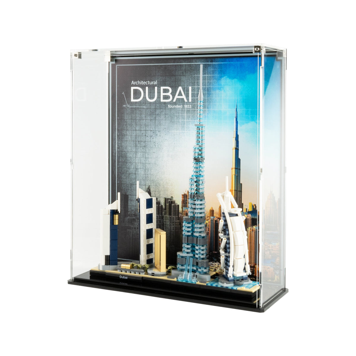 LEGO Dubai Skyline 21052: angled view of the skyline with the Dubai backdrop.