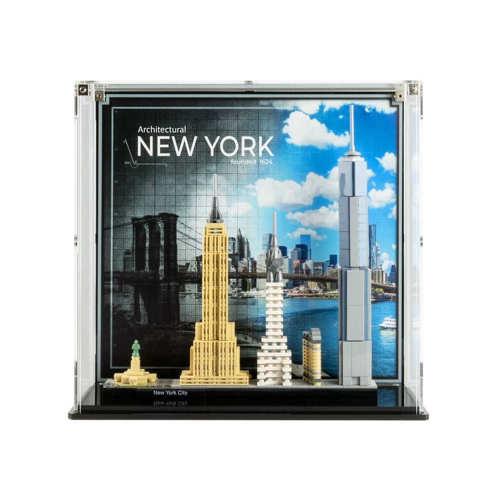 LEGO New York Skyline 21028: complete model with the display case; Display Case with Custom Background Design.