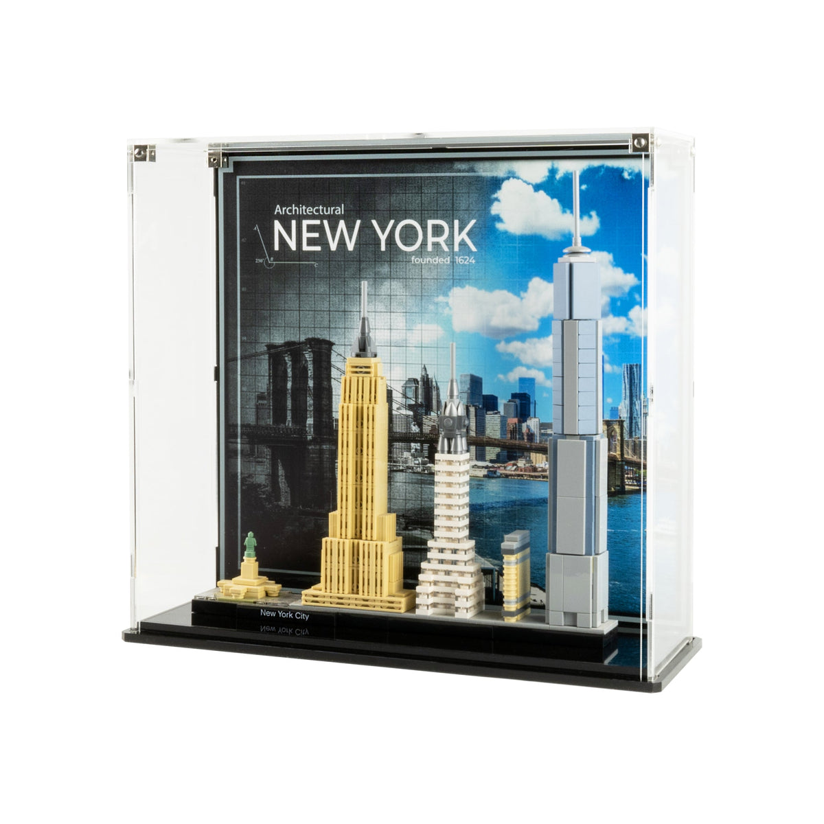 LEGO New York Skyline 21028: model and display case shown together.