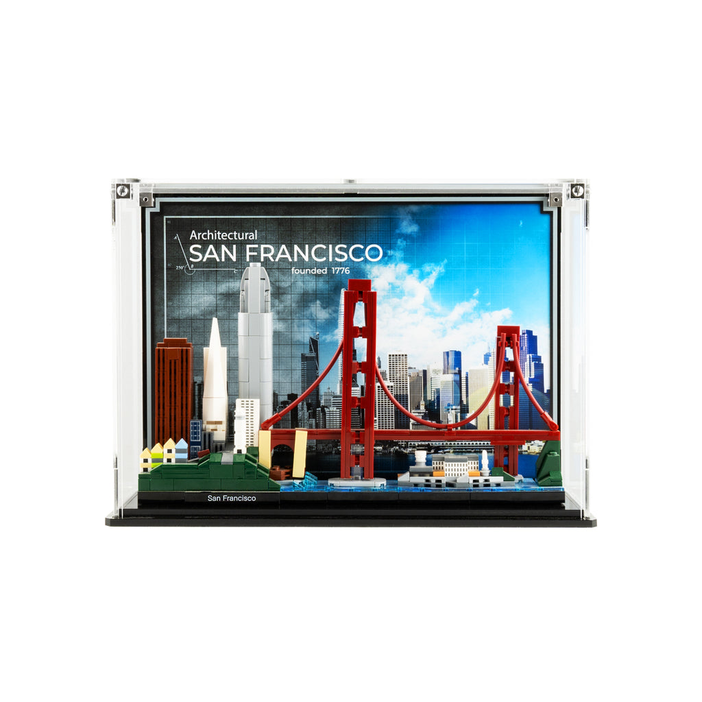 LEGO San Francisco Skyline 21043: complete model with the display case; Display Case with printed background.