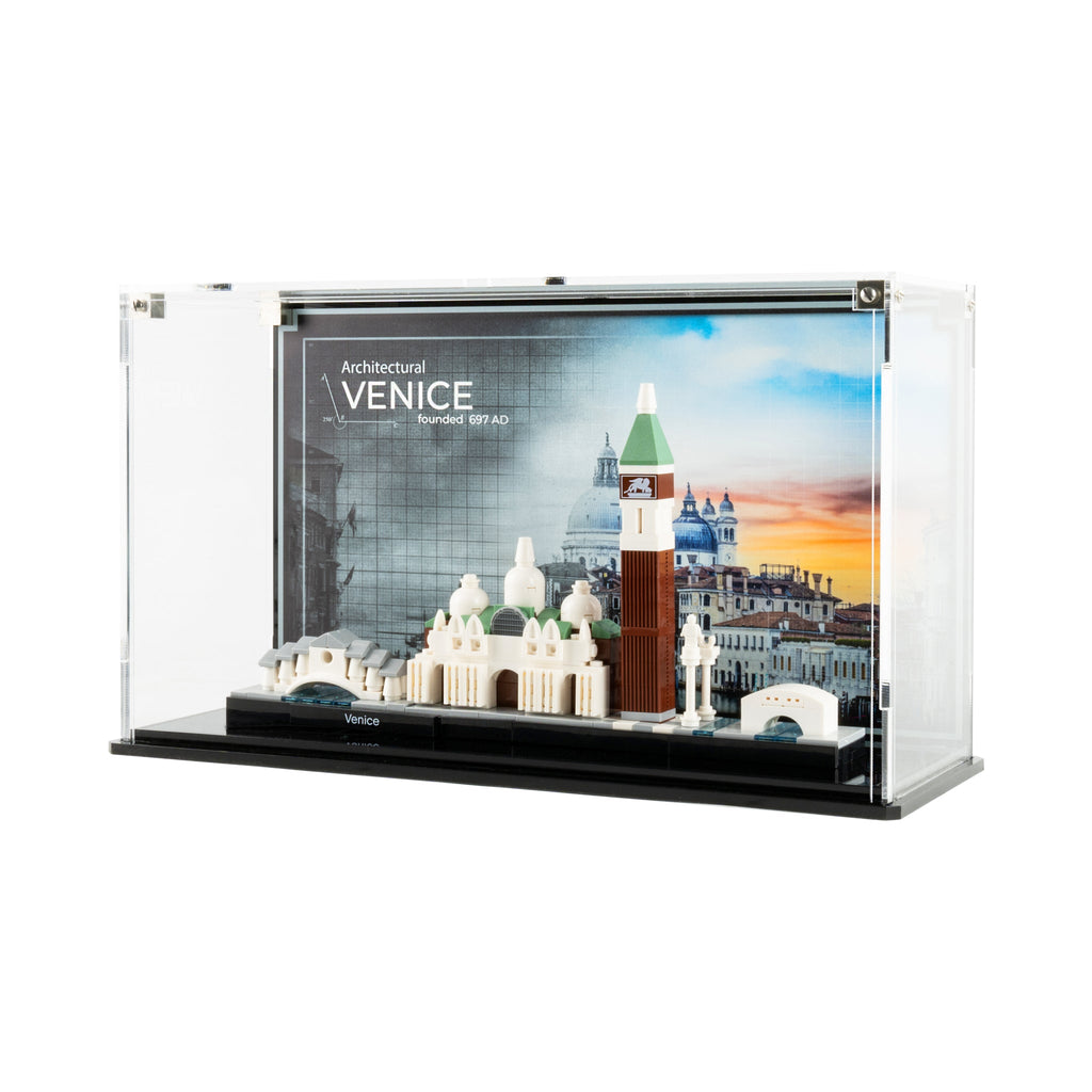LEGO Venice Skyline 21026: complete model with the display case; Display Case with Custom Background.