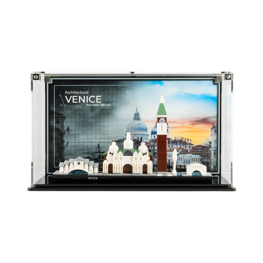 LEGO Venice Skyline 21026: model and display case shown together.