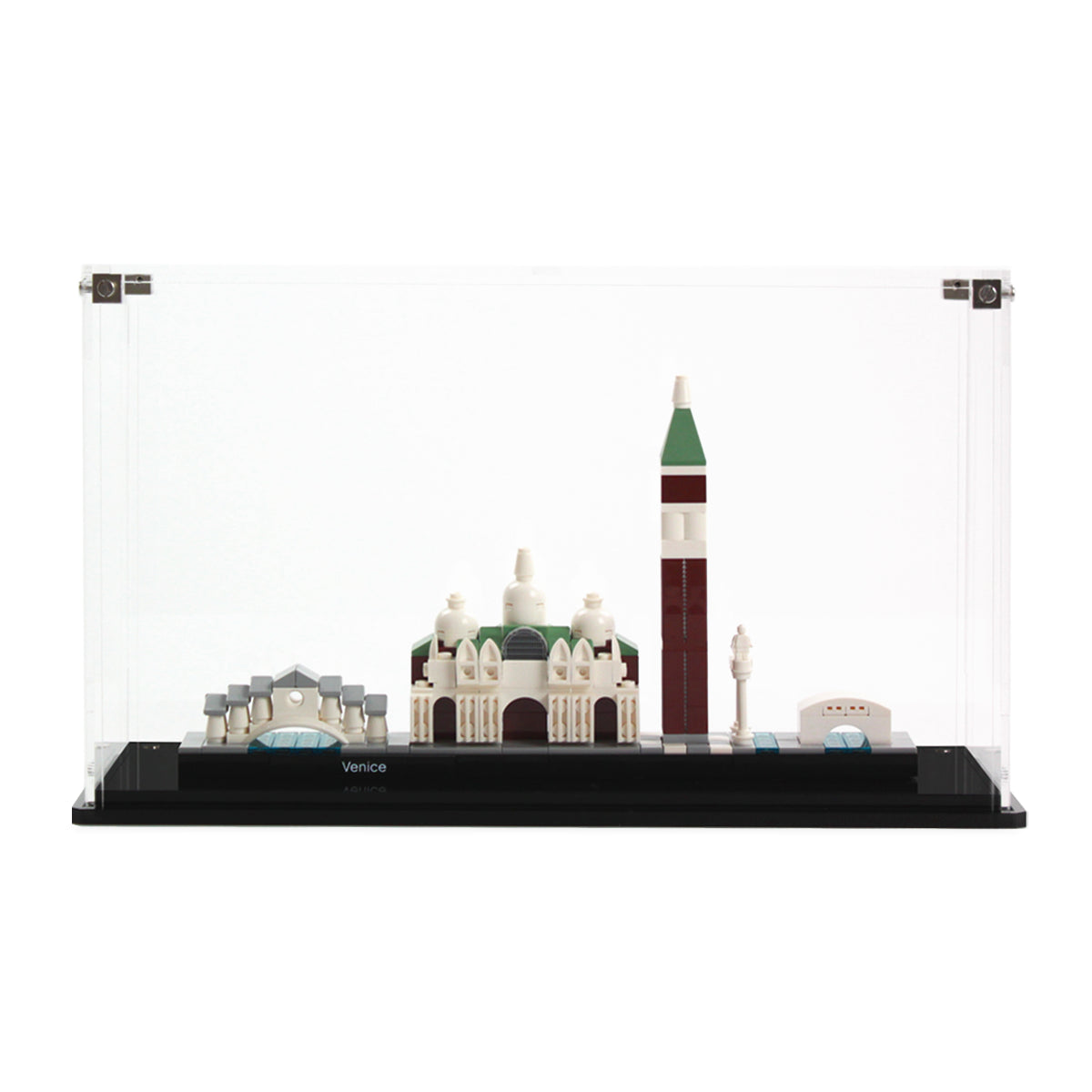 LEGO Venice Skyline 21026: model and display case shown together.