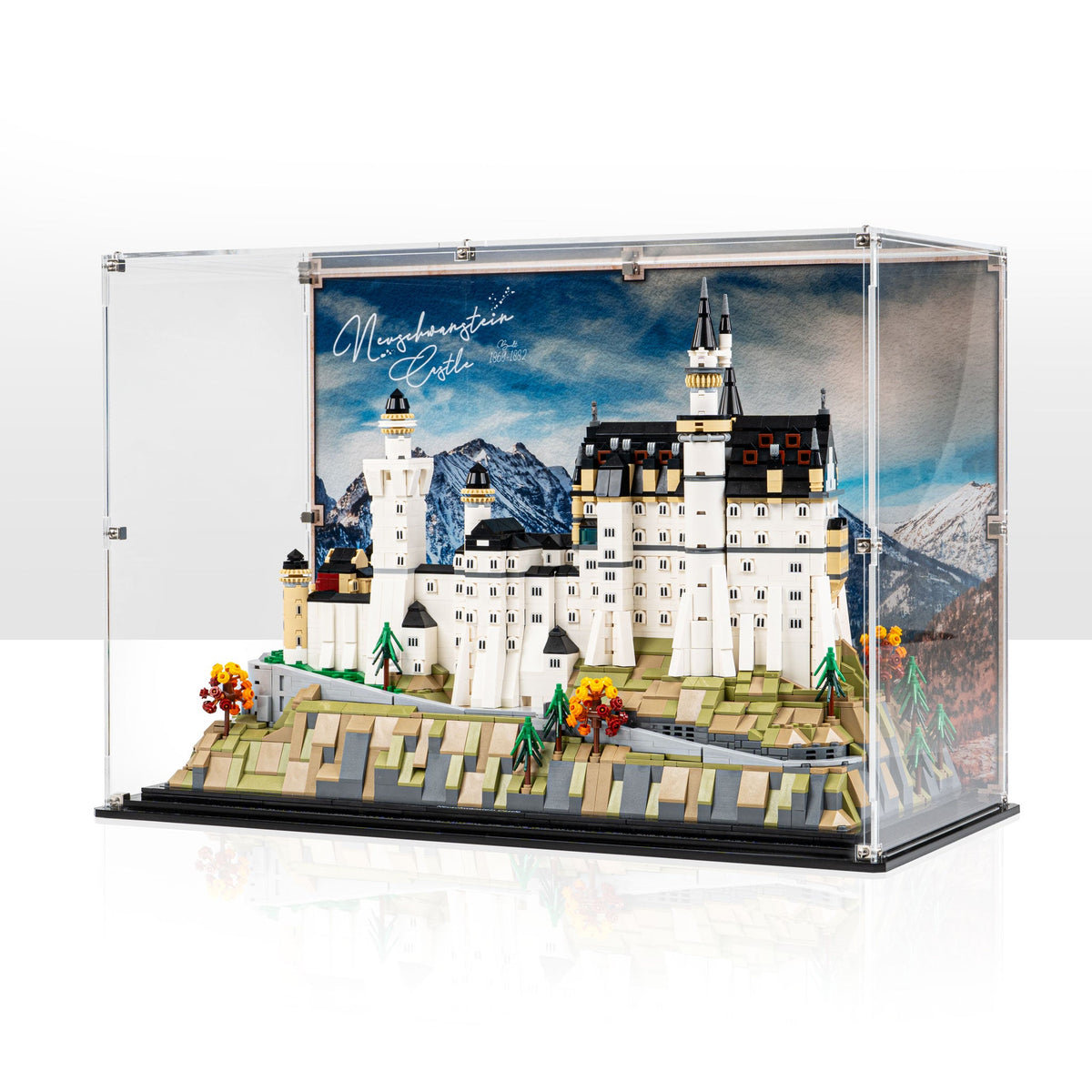 LEGO Neuschwanstein Castle 21063: complete model with the display case; Printed Background.