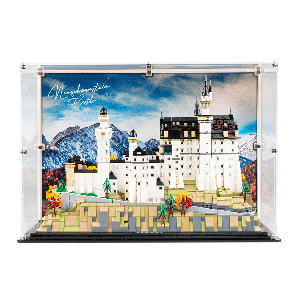 LEGO Neuschwanstein Castle 21063: model and display case shown together.