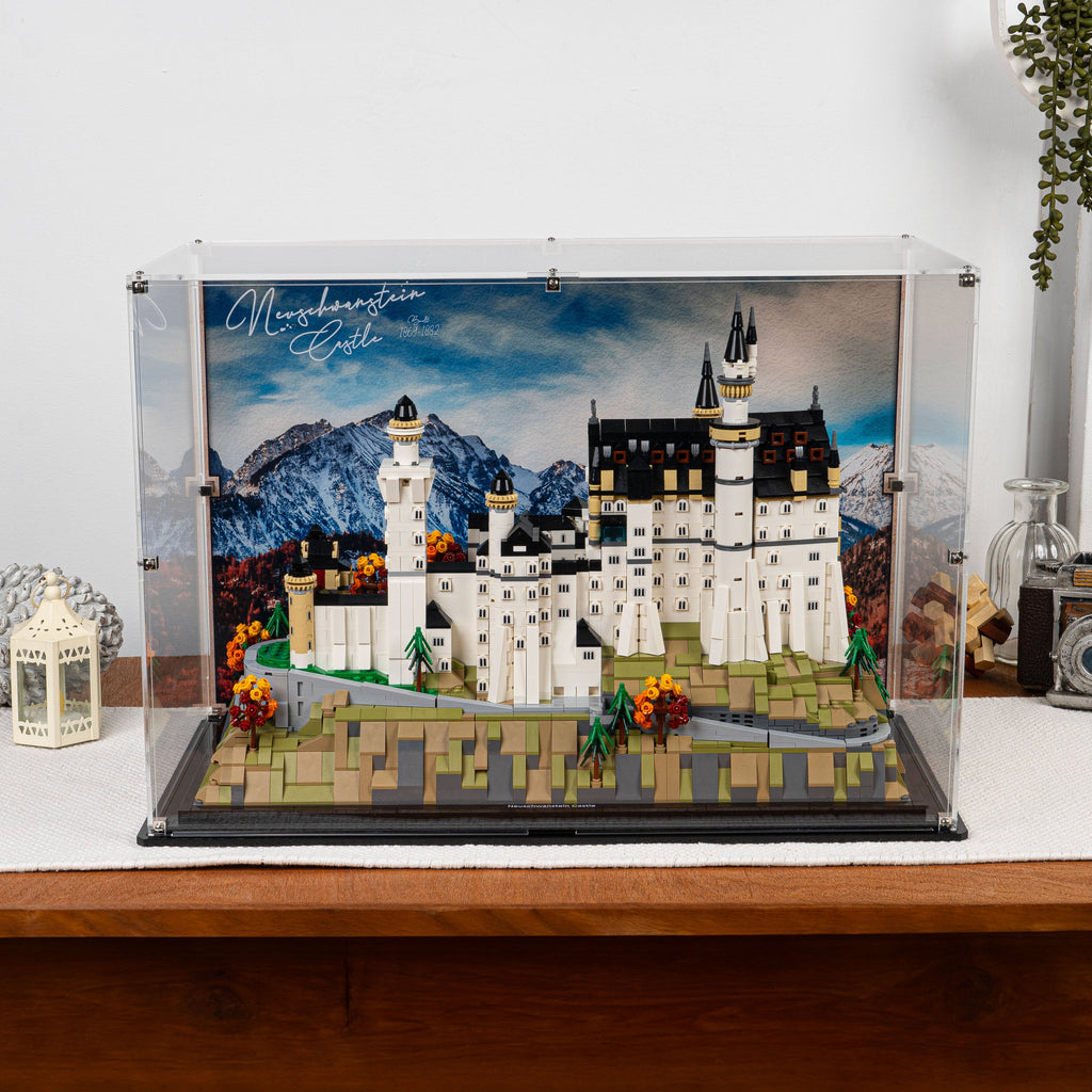 LEGO Neuschwanstein Castle 21063: model and display case shown together.