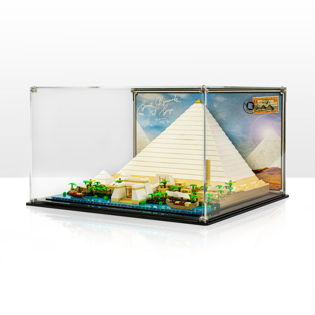 LEGO Great Pyramid of Giza 21058: complete pyramid scene in the case with a desert backdrop.