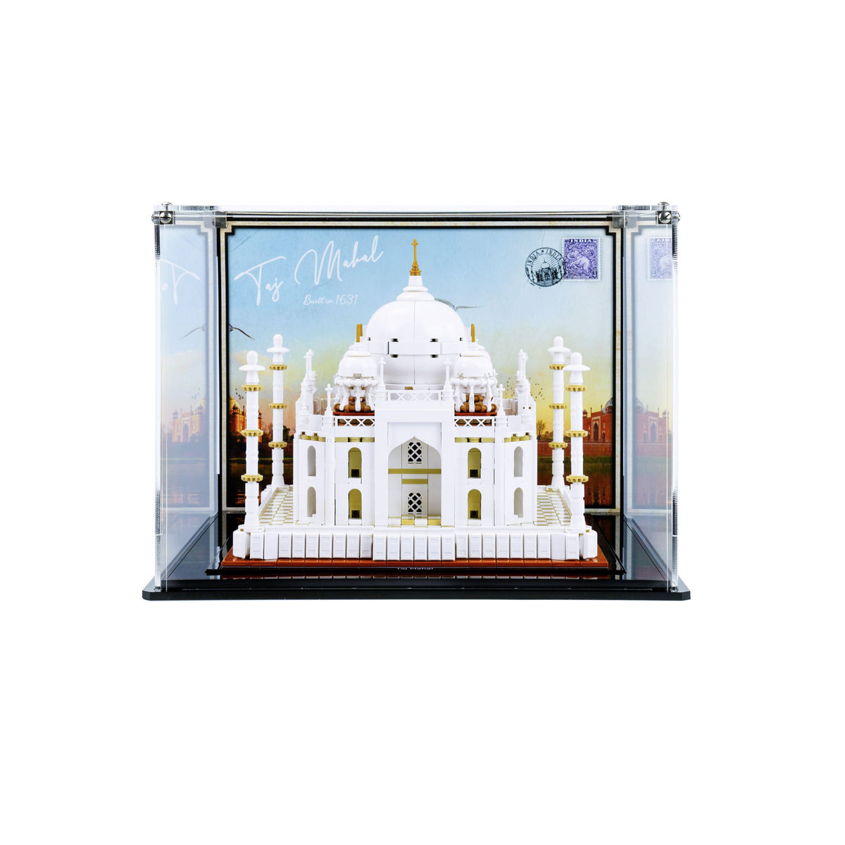 LEGO Taj Mahal 21056: complete Taj Mahal model in the case with a printed backdrop.