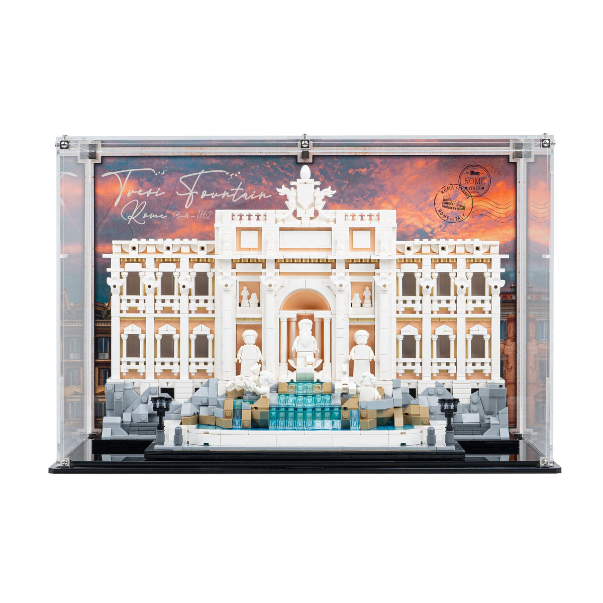 LEGO Trevi Fountain 21062: model and display case shown together.