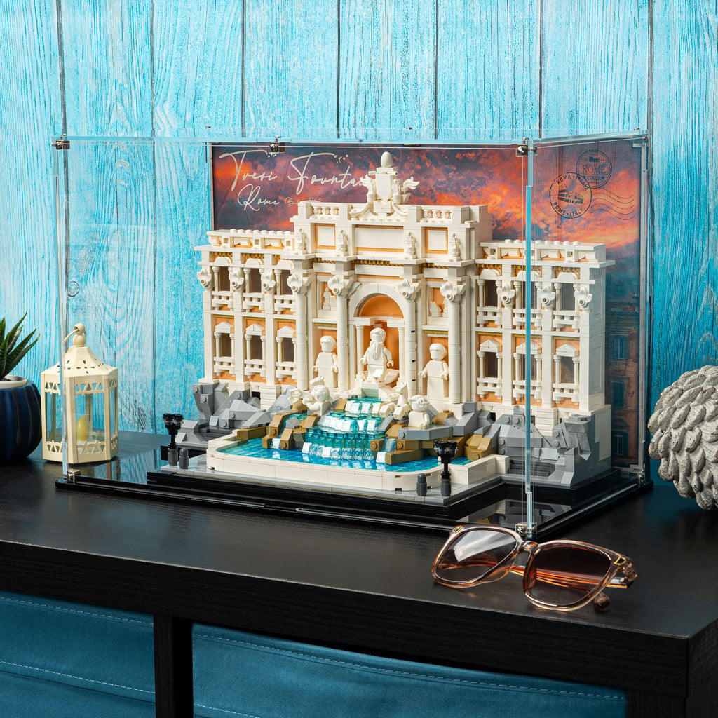 LEGO Trevi Fountain 21062: model and display case shown together.