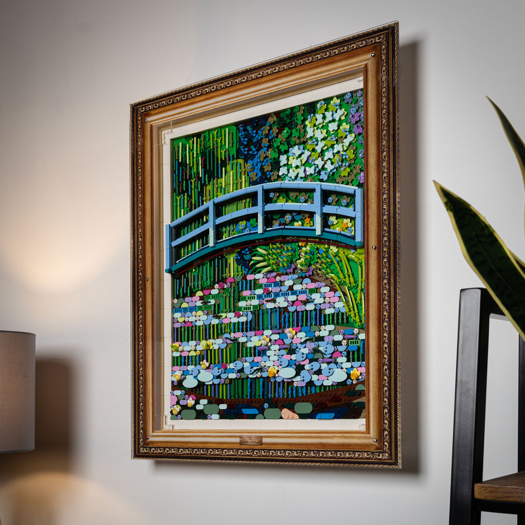 LEGO Claude Monet Water Lilies 31220: model and wall-mounted display case shown together.