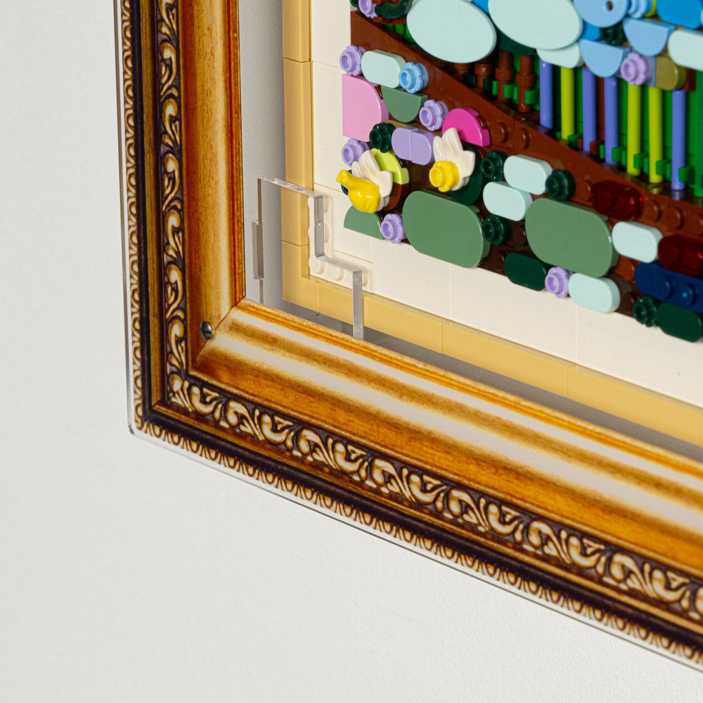 LEGO Claude Monet Water Lilies 31220: close view of the wall-mounted display case construction or display arrangement.