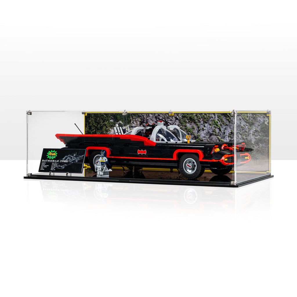 LEGO Classic TV Series Batmobile 76328: complete model with the display case; Printed Background.
