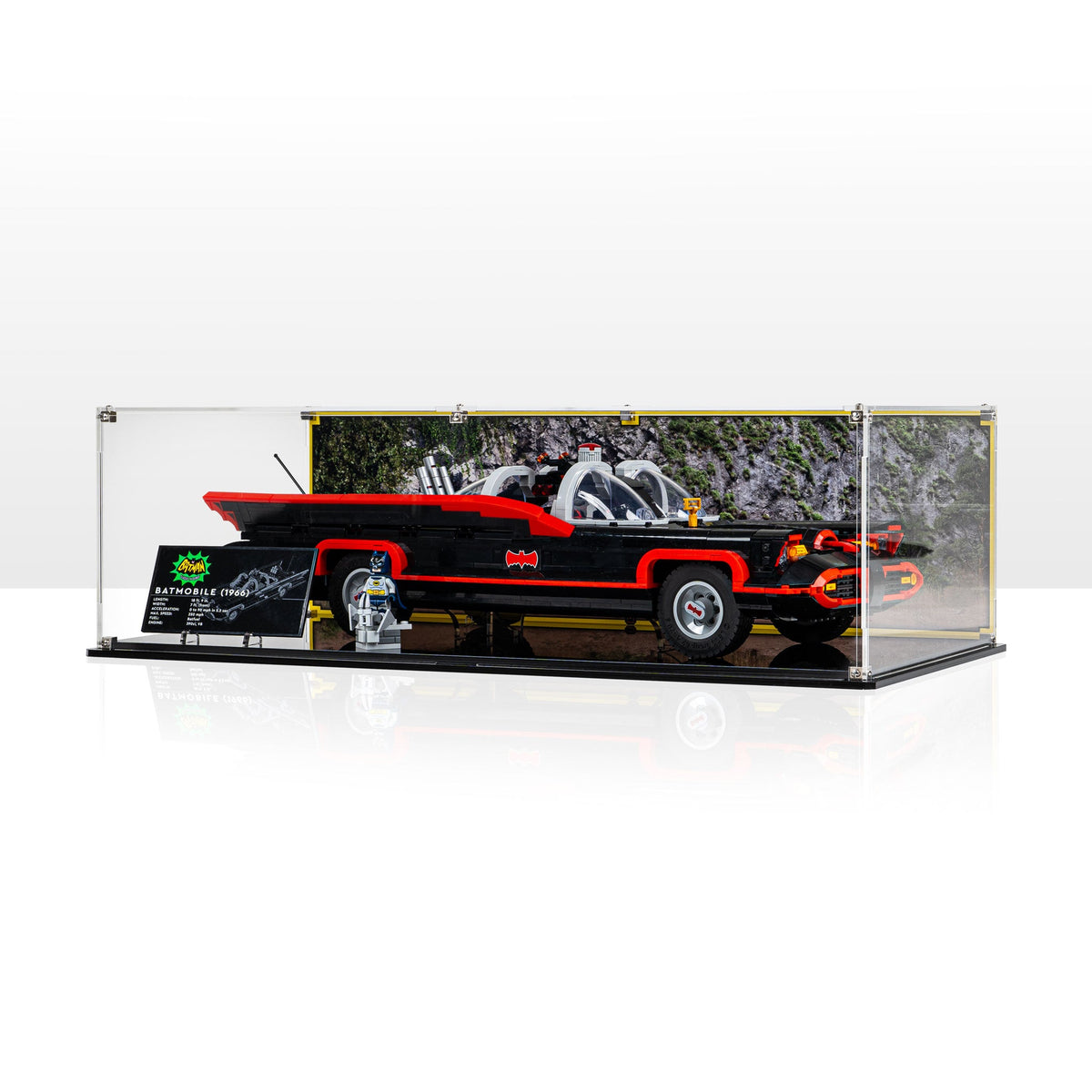 LEGO Classic TV Series Batmobile 76328: complete model with the display case; Printed Background.