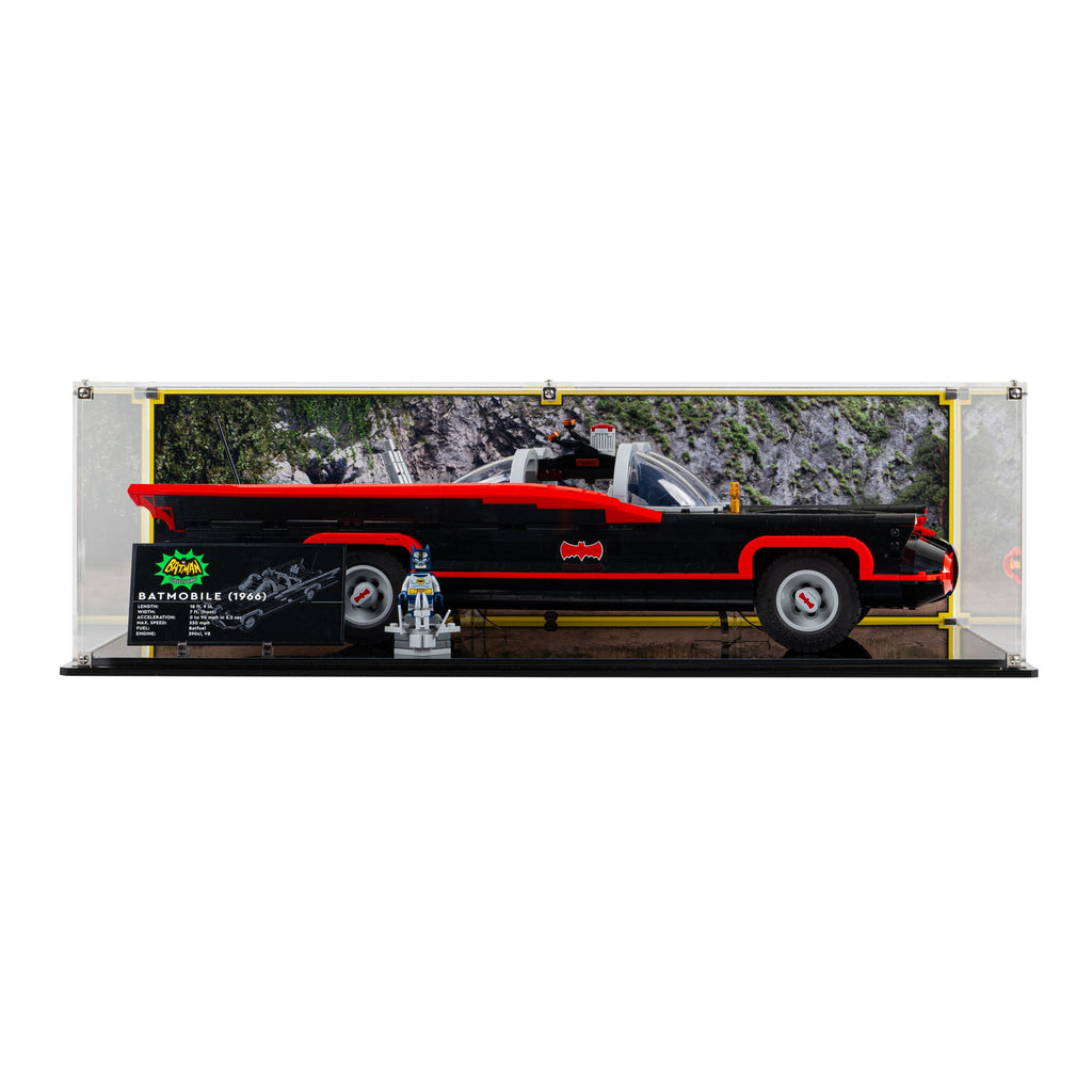 LEGO Classic TV Series Batmobile 76328: model and display case shown together.