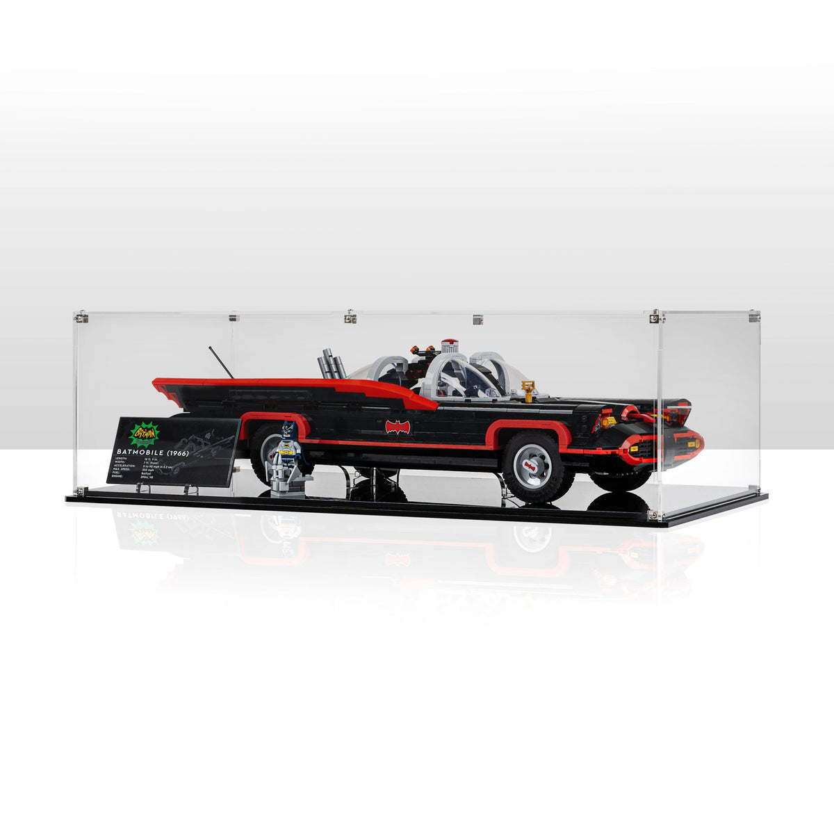 LEGO Classic TV Series Batmobile 76328: complete model with the display case; Clear Background.