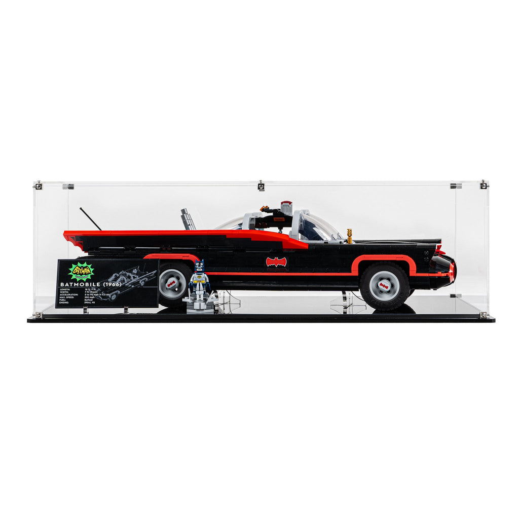 LEGO Classic TV Series Batmobile 76328: model and display case shown together.
