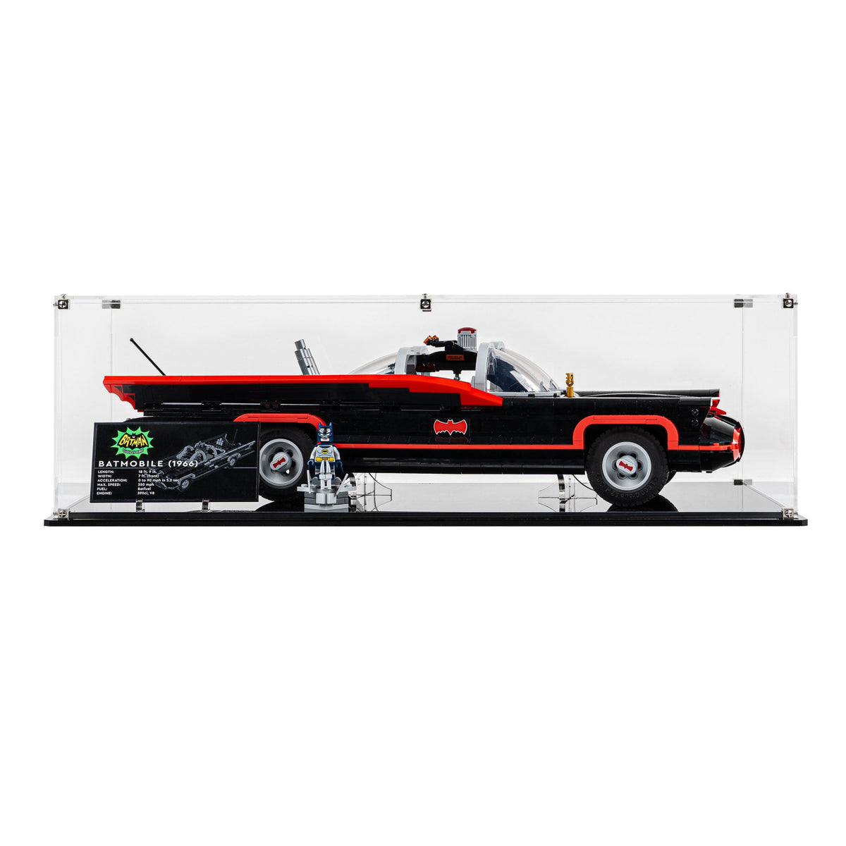 LEGO Classic TV Series Batmobile 76328: model and display case shown together.