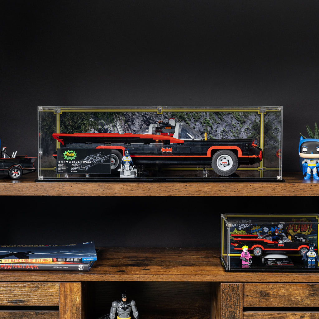 LEGO Classic TV Series Batmobile 76328: model and display case shown together.