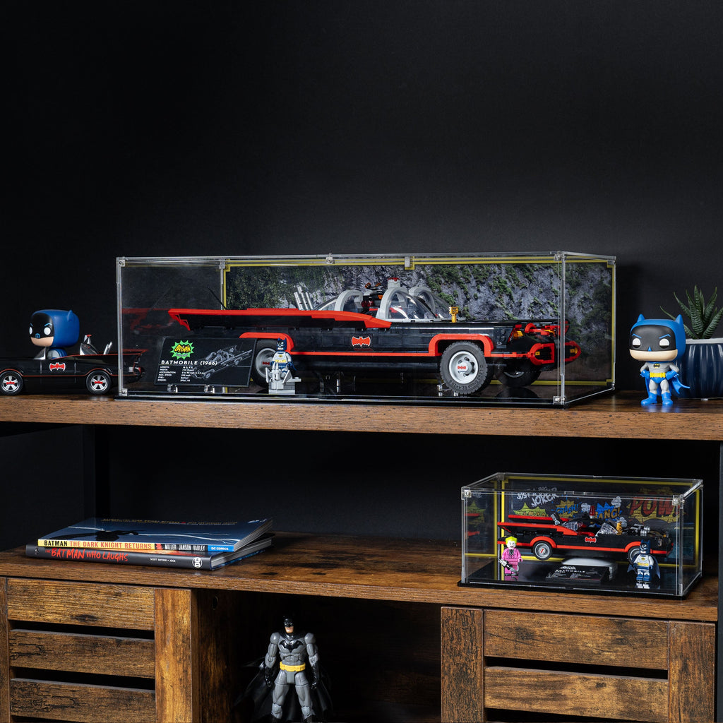 LEGO Classic TV Series Batmobile 76328: model and display case shown together.