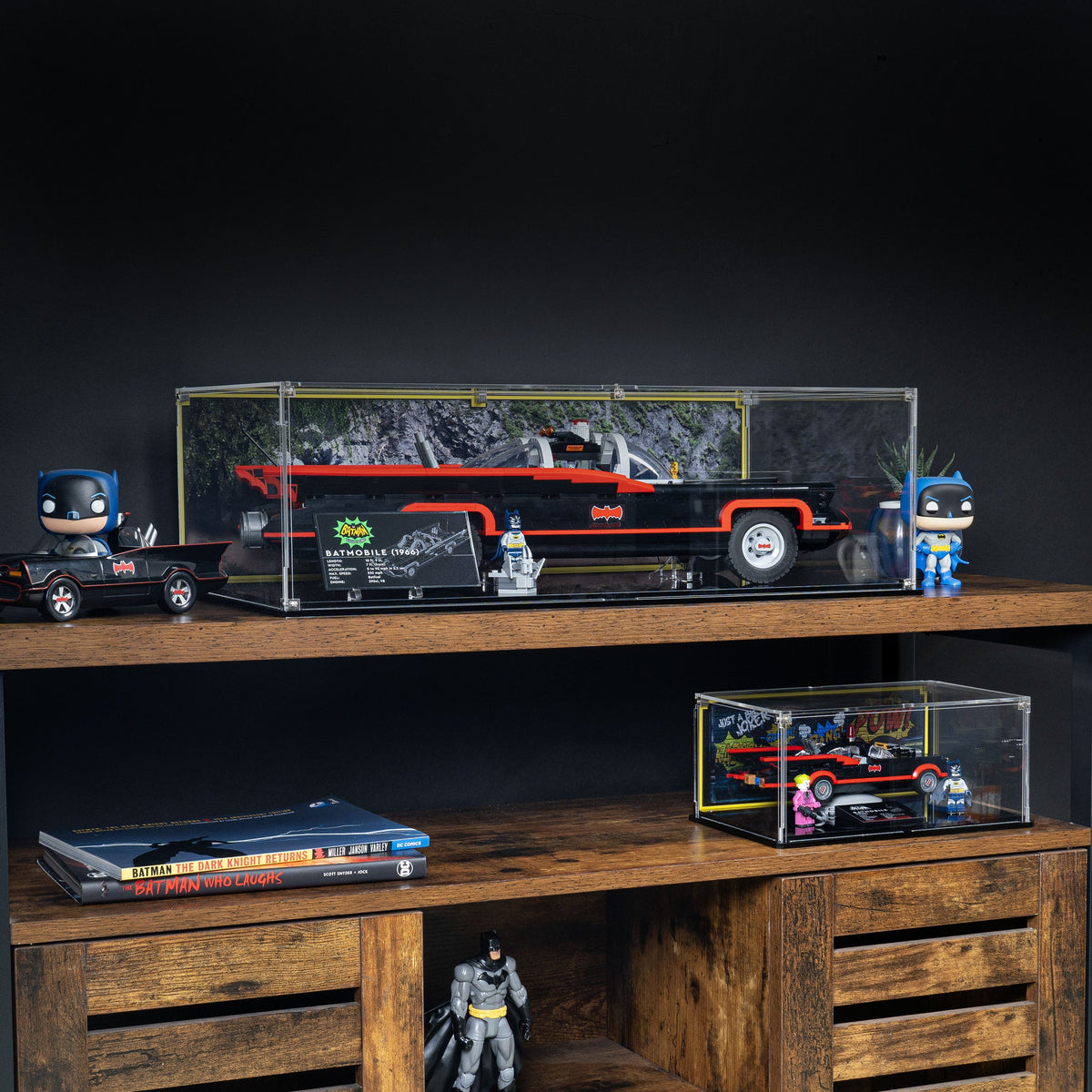 LEGO Classic TV Series Batmobile 76328: model and display case shown together.