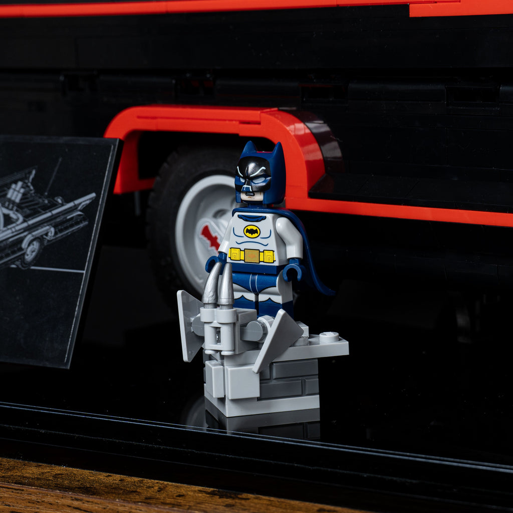 LEGO Classic TV Series Batmobile 76328: close view of the display case construction or display arrangement.