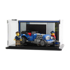 LEGO Hot Rod 40409: complete model with the display case; Display case with printed background.