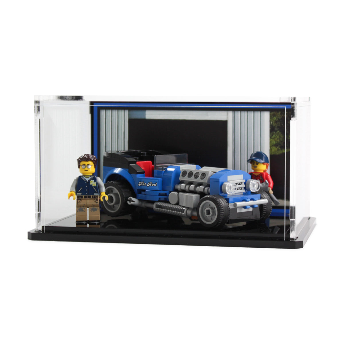 LEGO Hot Rod 40409: complete model with the display case; Display case with printed background.