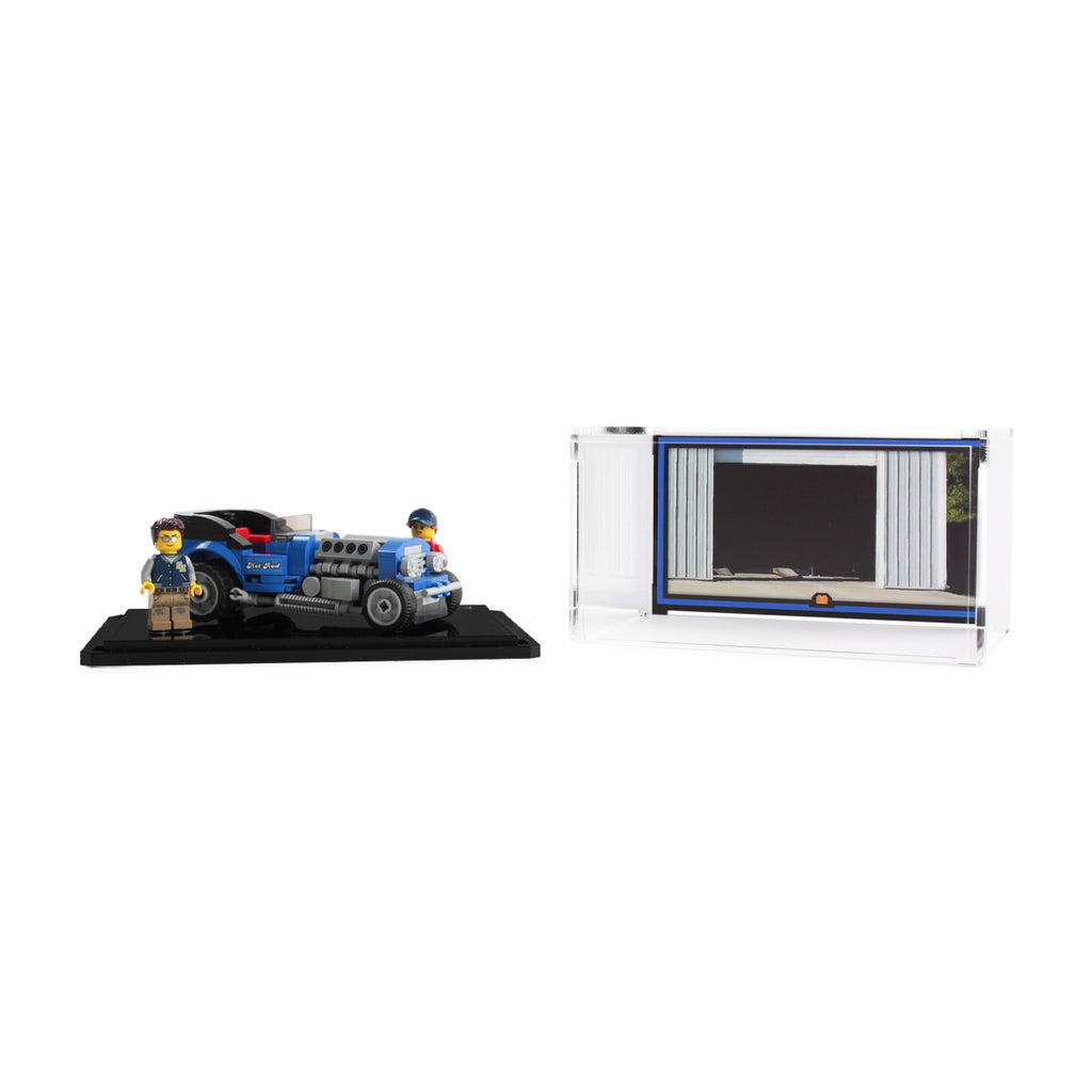 LEGO Hot Rod 40409: model and display case shown together.