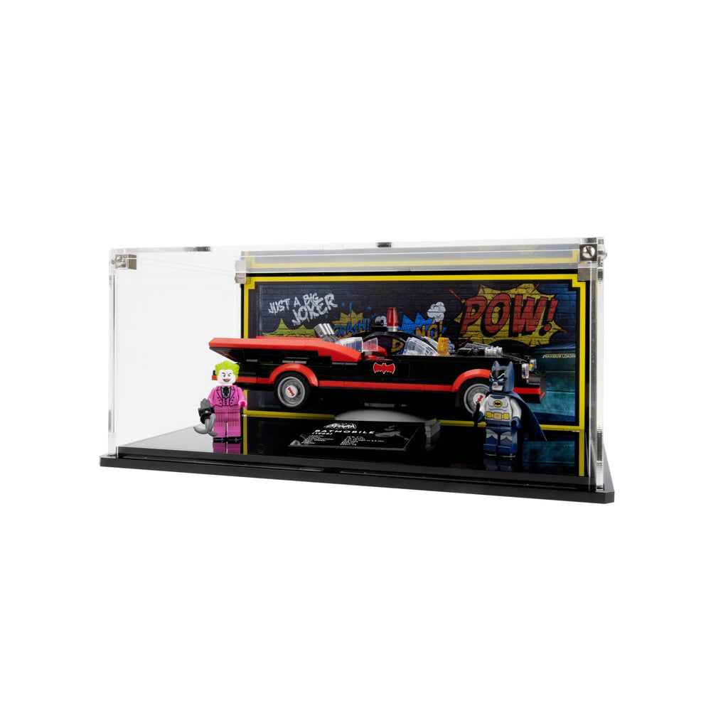 LEGO Batman Classic TV Series Batmobile 76188: complete model with the display case; Display Case with Custom Background Design.