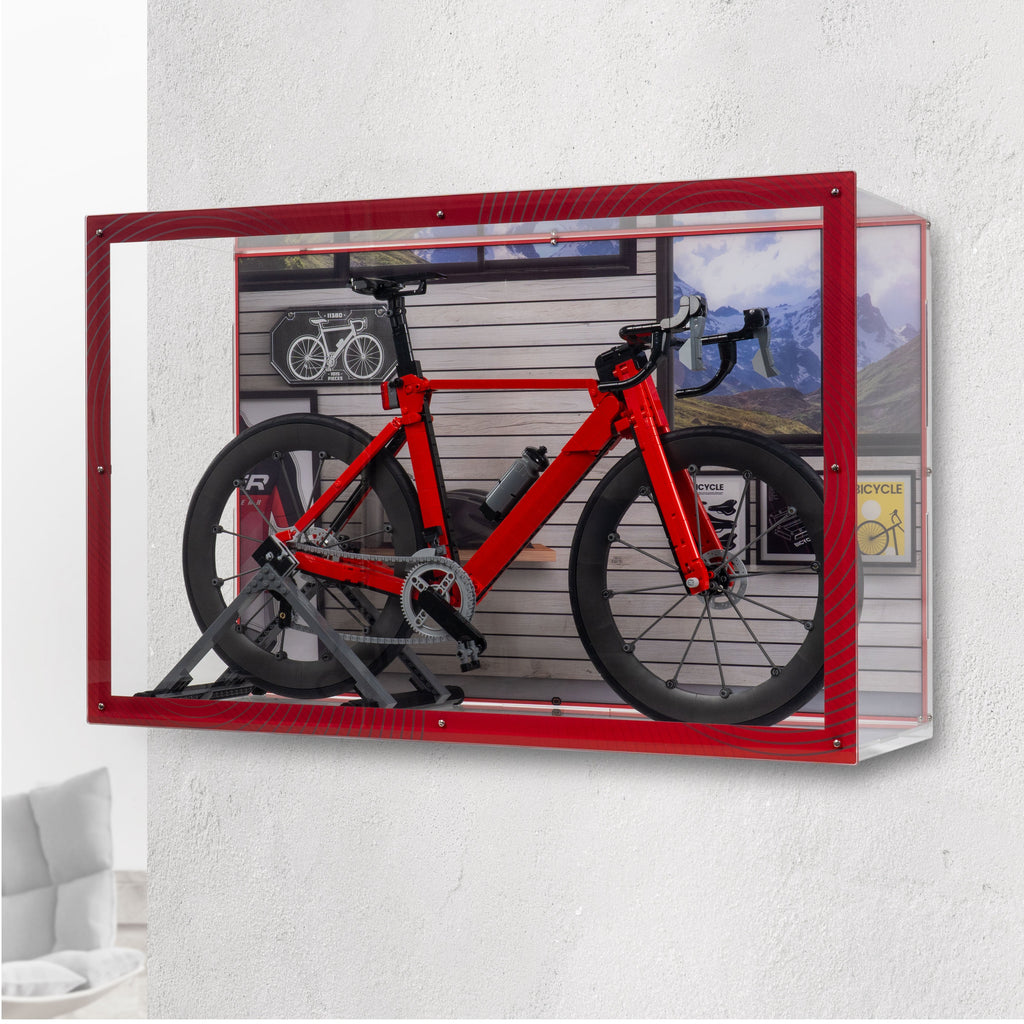 LEGO Road Bike 11380: model and desktop and wall display case shown together.