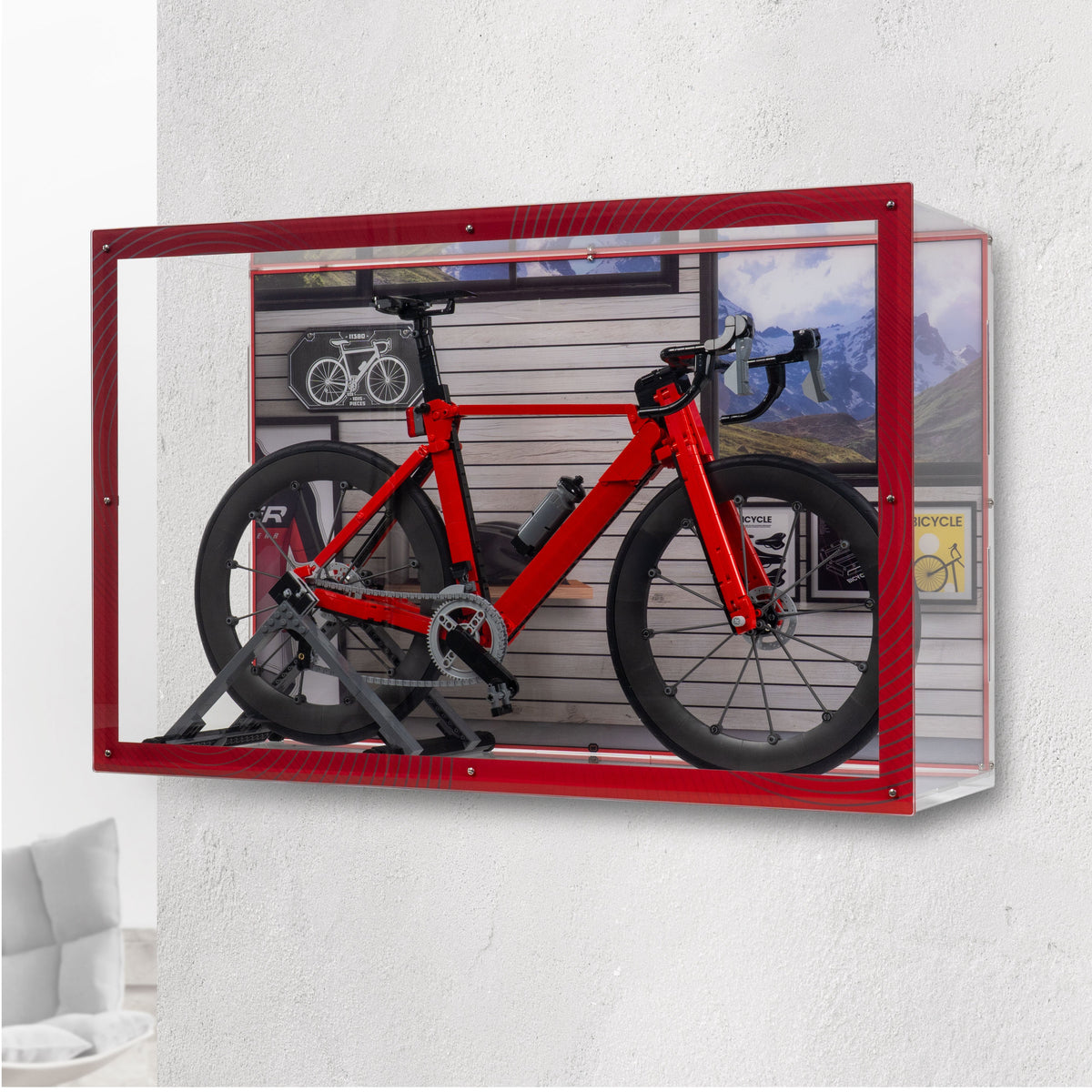 LEGO Road Bike 11380: model and desktop and wall display case shown together.