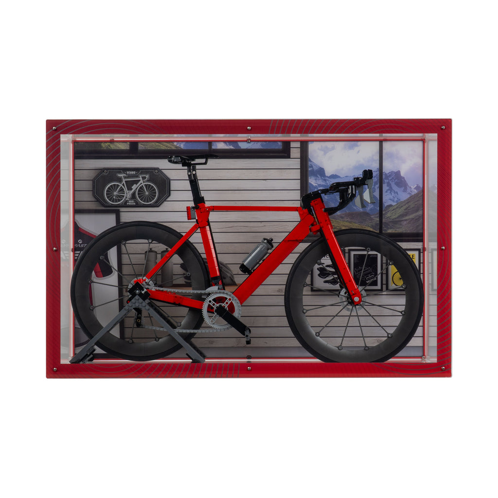 LEGO Road Bike 11380: model and desktop and wall display case shown together.