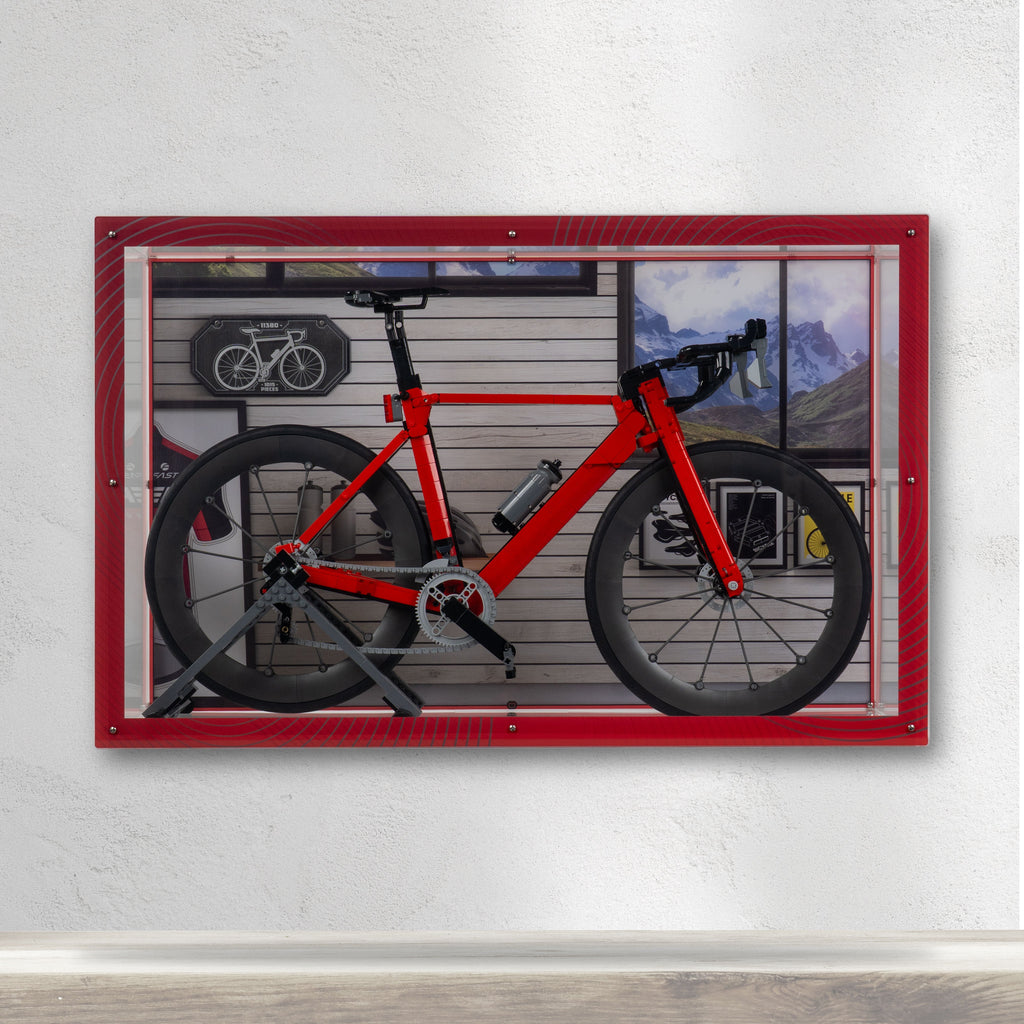 LEGO Road Bike 11380: model and desktop and wall display case shown together.