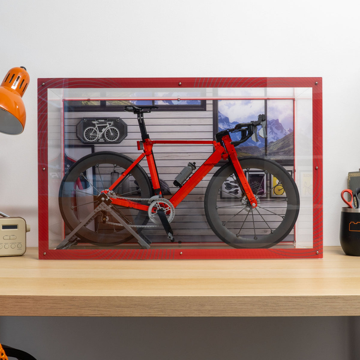 LEGO Road Bike 11380: model and desktop and wall display case shown together.