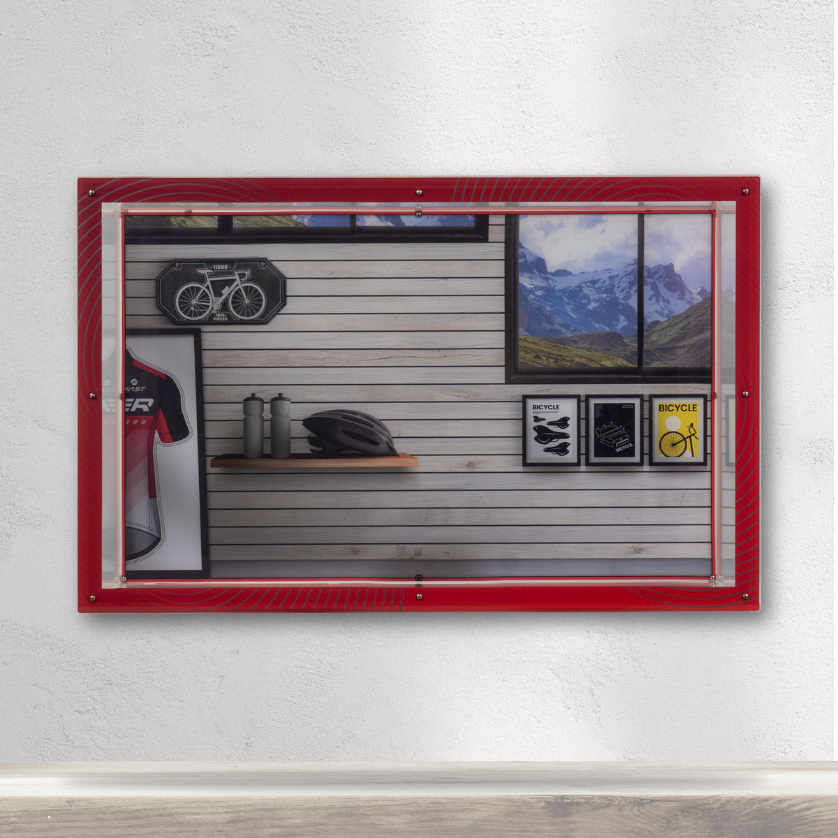 LEGO Road Bike 11380: desktop and wall display case panels or base without the main LEGO build.