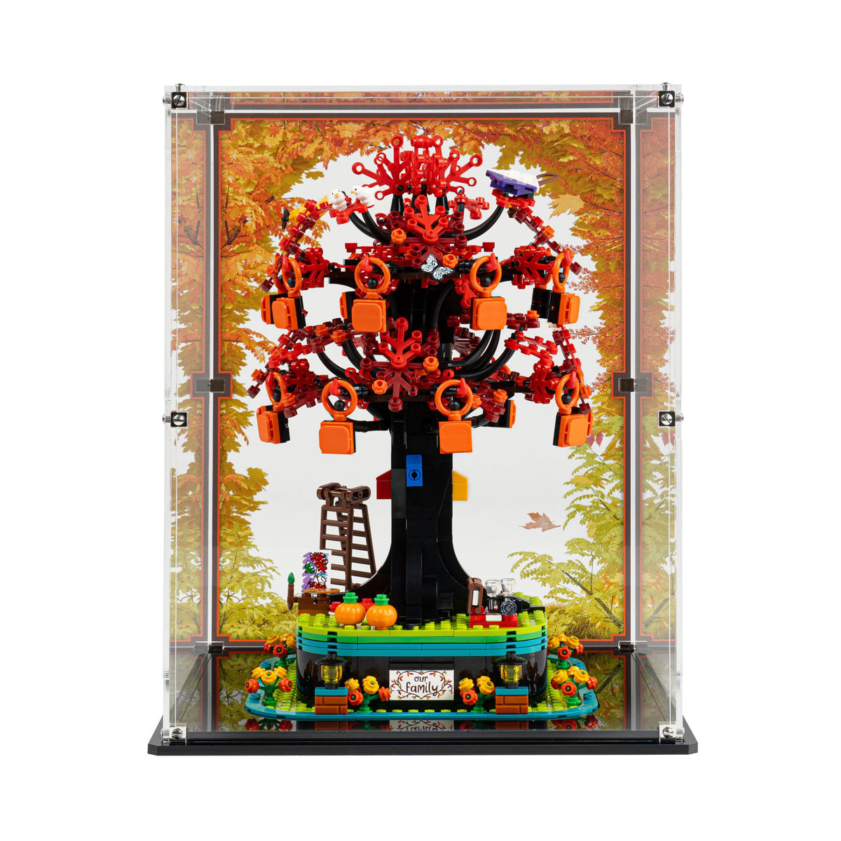LEGO Family Tree 21346: model and display case shown together.