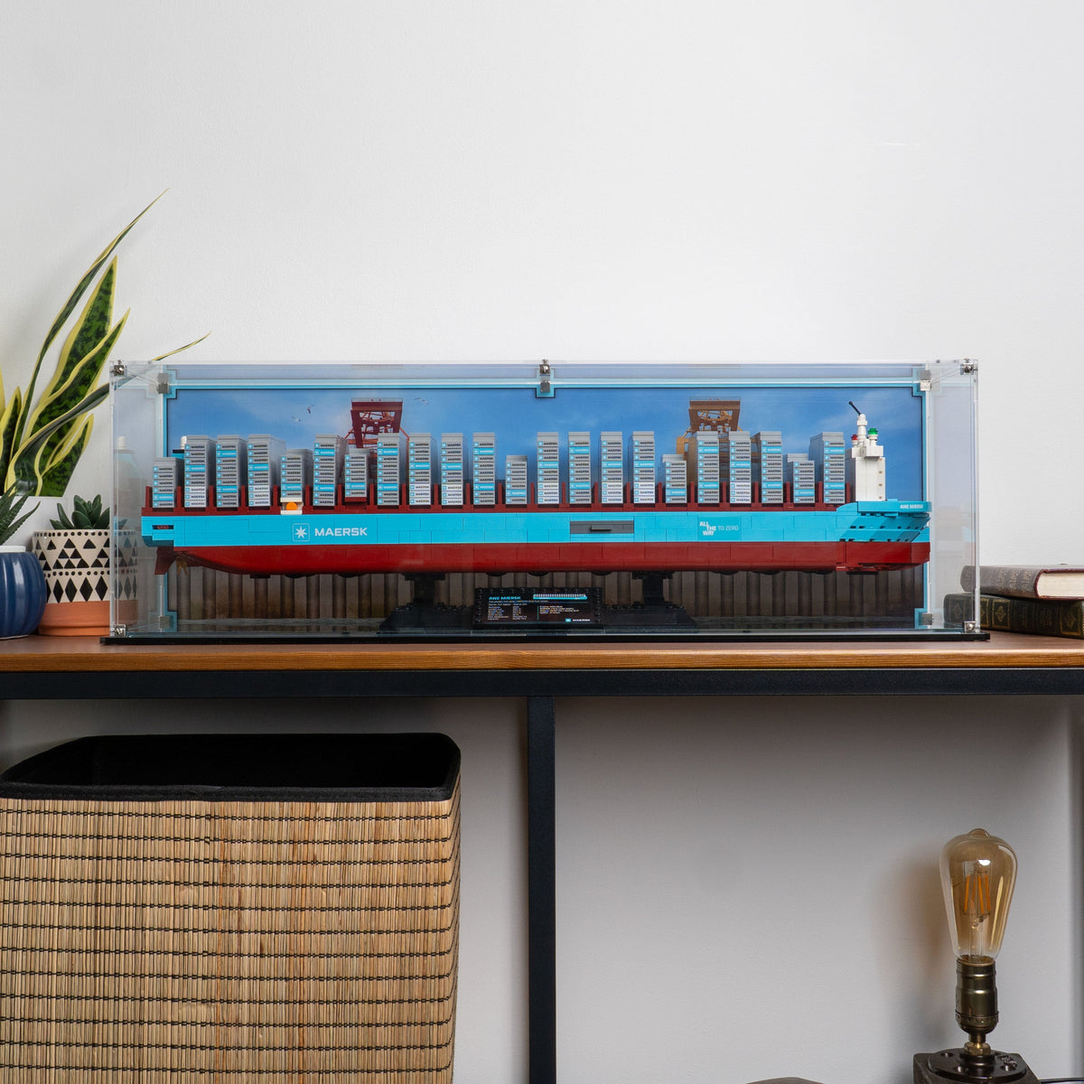 LEGO Maersk Dual-Fuel Container Vessel 40955: model and display case shown together.
