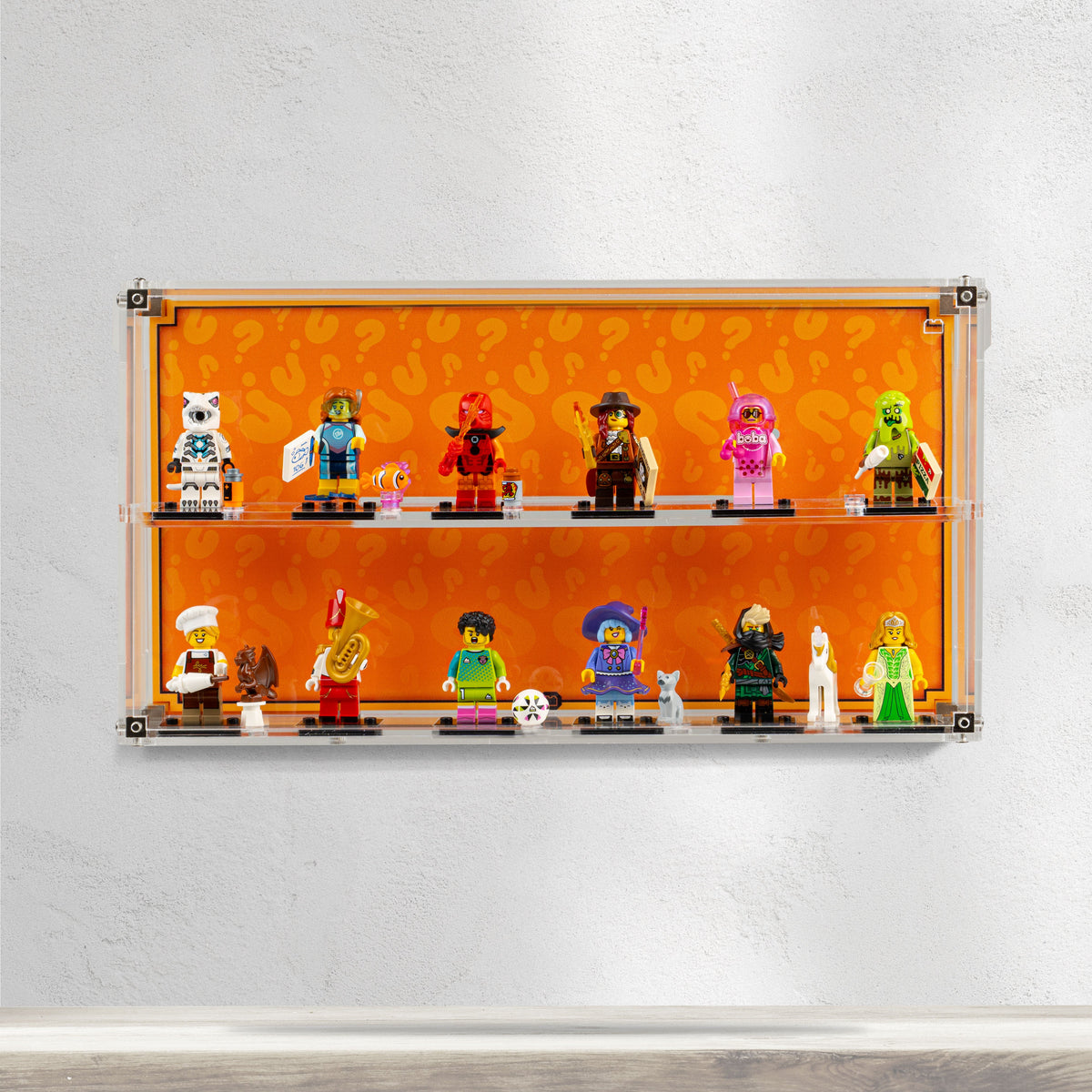 LEGO Minifigures Series 29 71052: model and desktop and wall display case shown together.