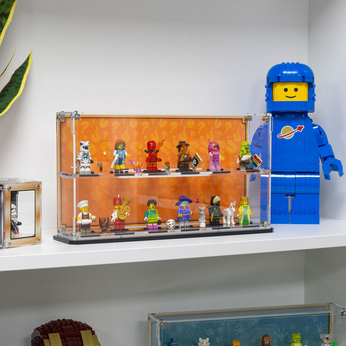 LEGO Minifigures Series 29 71052: model and desktop and wall display case shown together.