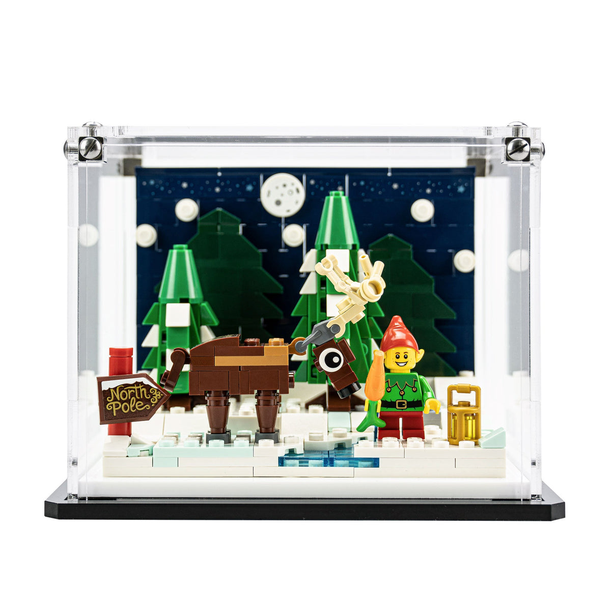 LEGO Santa's Front Yard 40484: complete winter vignette inside the display case.