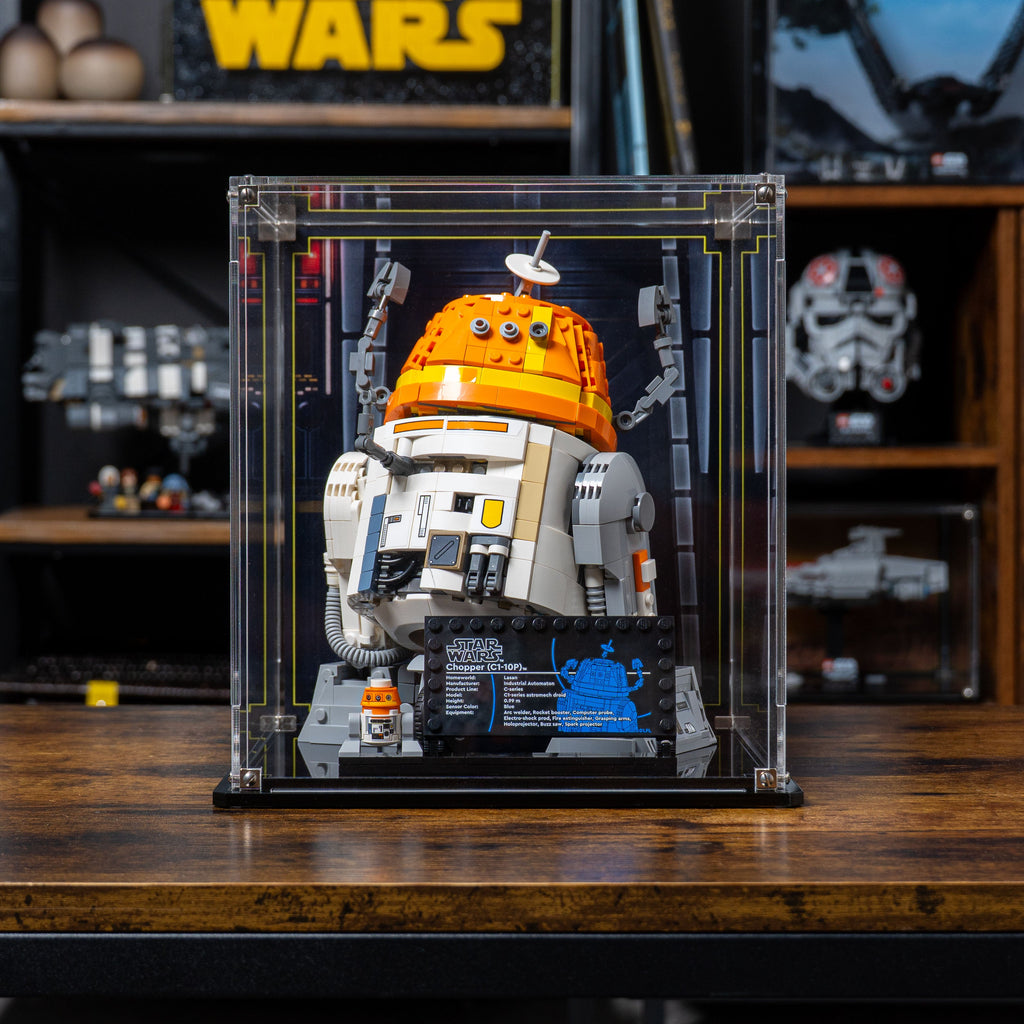 LEGO Chopper C1-10P Astromech Droid 75416: model and display case shown together.