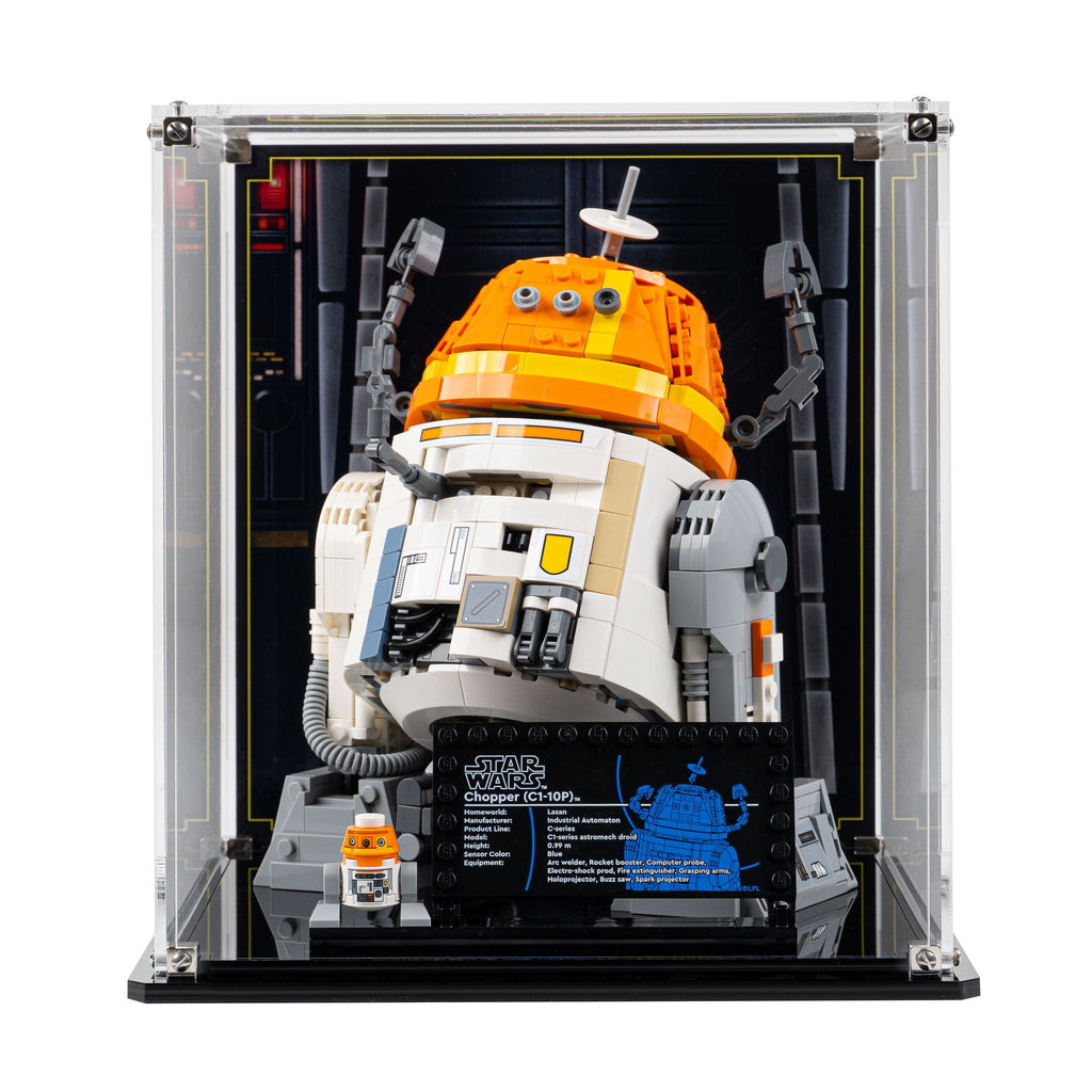 LEGO Chopper C1-10P Astromech Droid 75416: model and display case shown together.