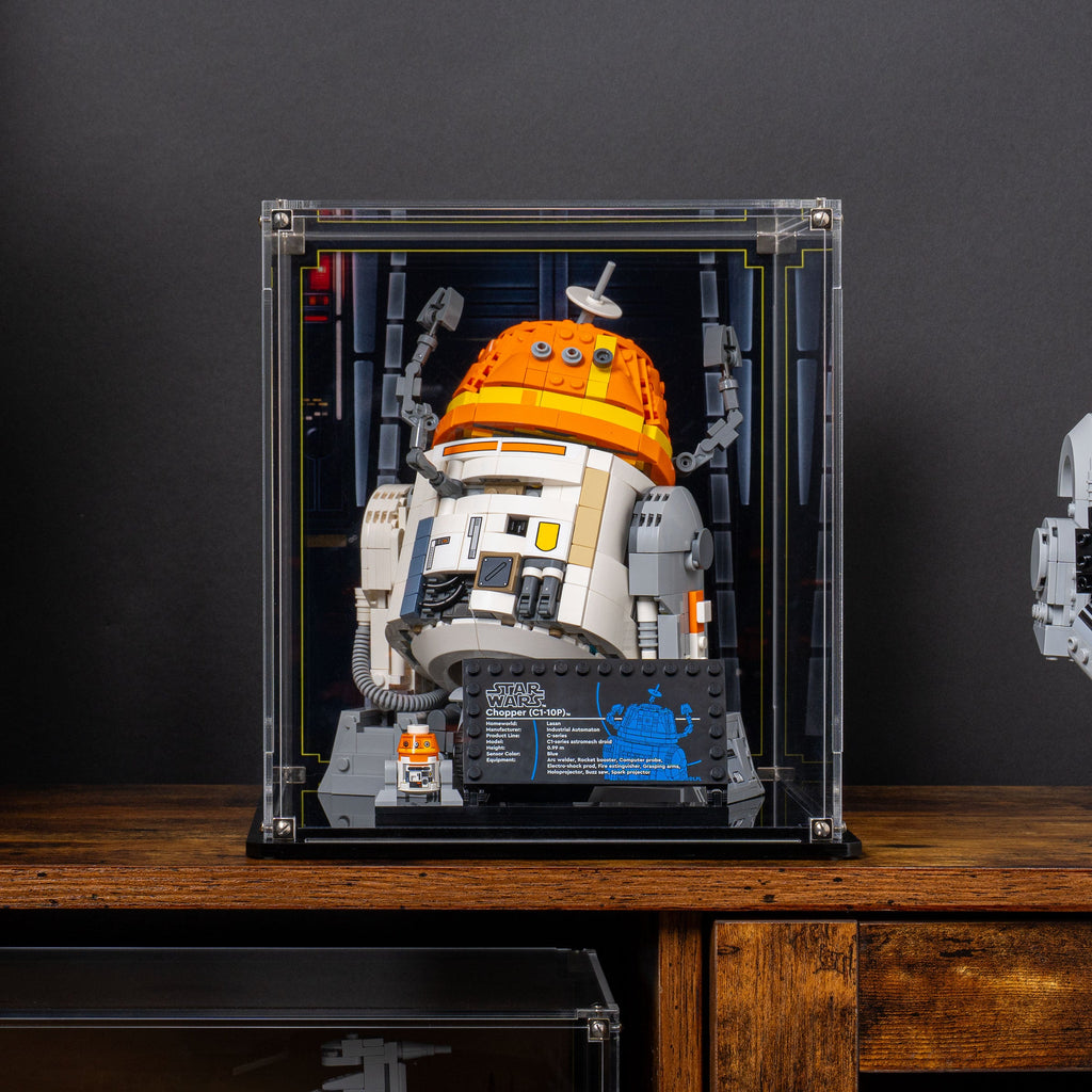 LEGO Chopper C1-10P Astromech Droid 75416: model and display case shown together.