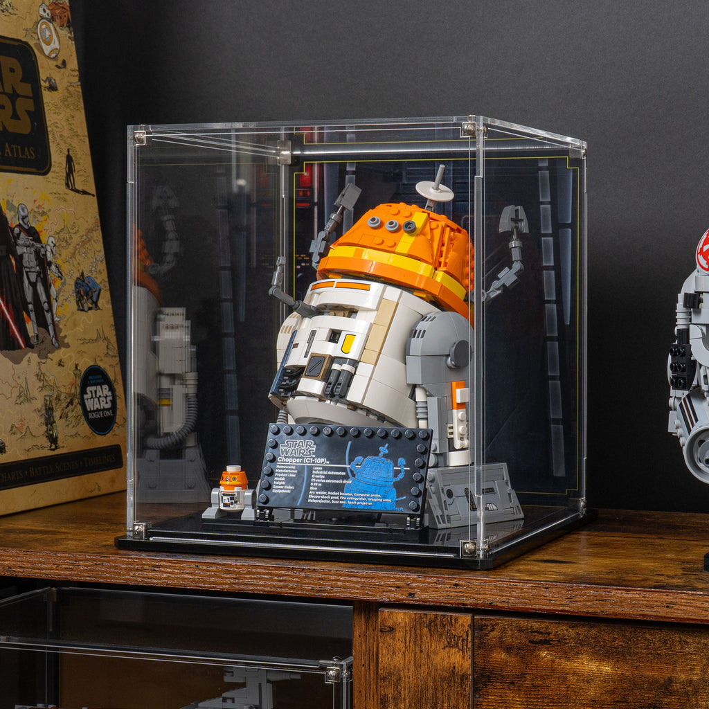 LEGO Chopper C1-10P Astromech Droid 75416: model and display case shown together.