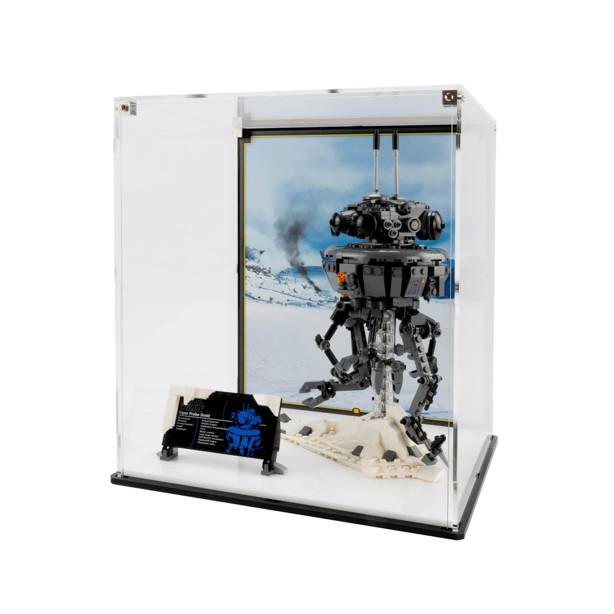 LEGO Imperial Probe Droid 75306: complete model with the display case; Display Case with Custom Background Print (White).