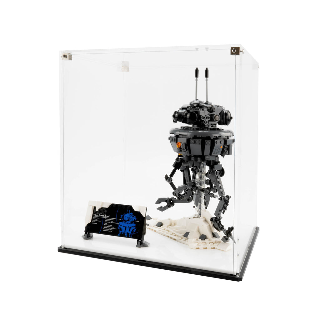 LEGO Imperial Probe Droid 75306: complete model with the display case; Clear Display Case with White Base Plate.